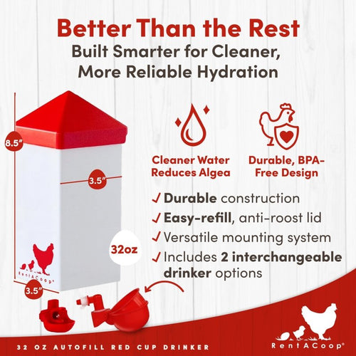 RentACoop 32oz(1L) Automatic Drinker with Auto-Fill Cup and Horizontal Nipple