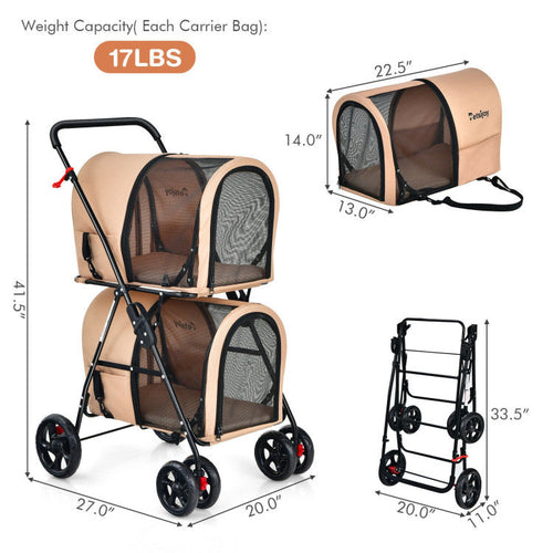 4-in-1 Double Pet Stroller with Detachable Carrier and Travel Carriage