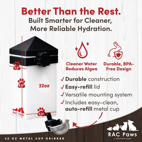 RAC Paws by RentACoop No-Drip 32oz Small Animal Drinking Bottle with Auto-Fill Metal Cup