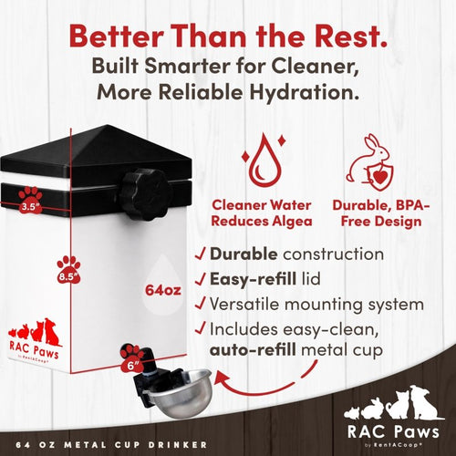 RAC Paws By RentACoop 64oz(2L) Small Animal Drinker with Auto-Fill Metal Cup