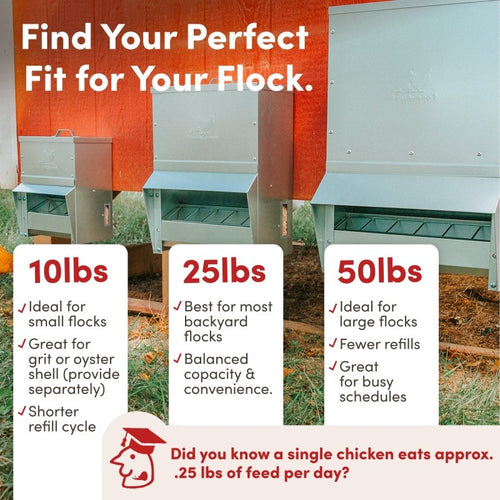 Galvanized Chicken Trough Feeder, Weatherproof Poultry Food Dispenser with Lid - 50lb