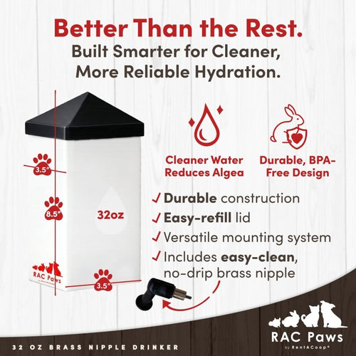 RAC Paws by RentACoop 32oz(1L) Small Animal Drinker with No-Drip Brass Nipple