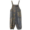 Women's Retro Nostalgic Print Ripped Denim Overalls