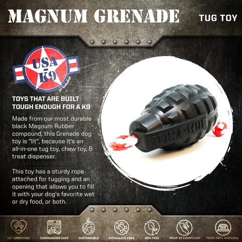 USA-K9 Magnum Grenade Shaped Durable Rubber Chew Toy, Treat Dispenser, Reward Toy, Tug Toy, and Retrieving Toy - Black Magnum