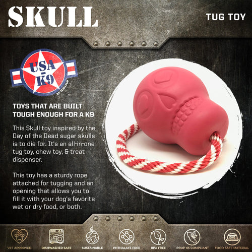 USA-K9 Skull Durable Rubber Chew Toy, Treat Dispenser, Reward Toy, Tug Toy, and Retrieving Toy - Pink