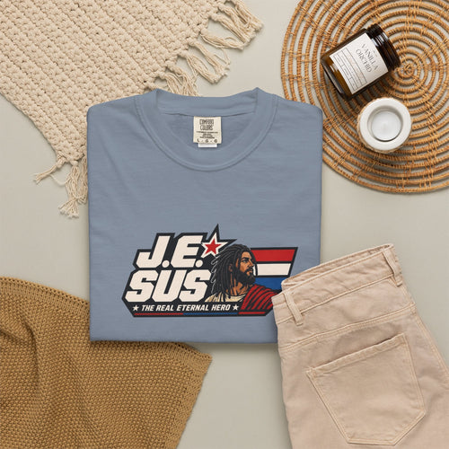 Jesus Retro Graphic T-Shirt — “J.E.SUS The  Real Eternal Hero” Christian Vintage Tee
