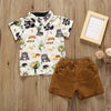Summer boys and girls suit cartoon printed shirt solid color shorts suit
