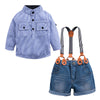 Handsome boy's blue stripe shirt and jeans trousers suit