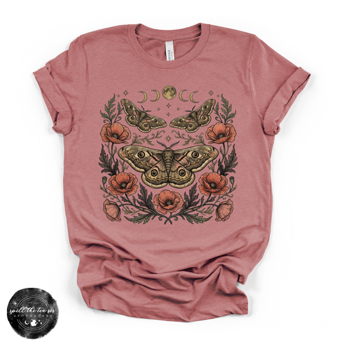 Poppy Moon Moth Tee | Celestial Floral Moth Graphic T-Shirt