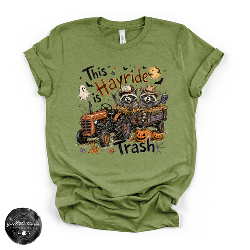 This Hayride Is Trash Tee | Funny Raccoon Fall Graphic T-Shirt