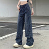 Women's Washed-out Vintage Dark Blue Denim Split Stitching Multi-pocket High Waist Straight All-matching Casual Pants
