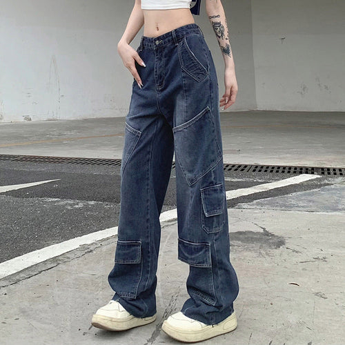 Women's Washed-out Vintage Dark Blue Denim Split Stitching Multi-pocket High Waist Straight All-matching Casual Pants