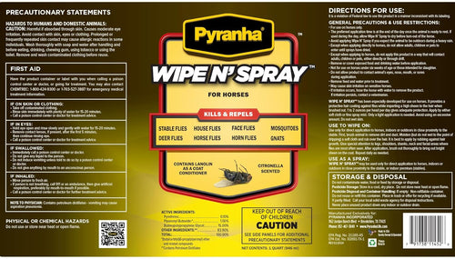 Pyranha Wipe N Spray Fly Repellent for Horses 32 oz. Long-Lasting Insect Control