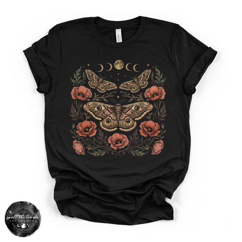 Poppy Moon Moth Tee | Celestial Floral Moth Graphic T-Shirt