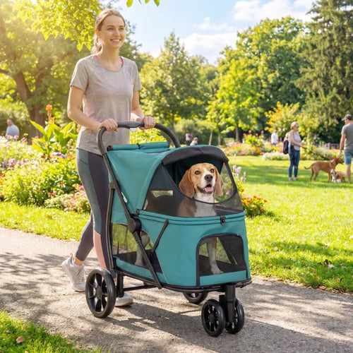 3 Wheel Pet Stroller with Easy One-Click Quick Fold, Mesh Window, Washable Cushion, for Medium Dogs