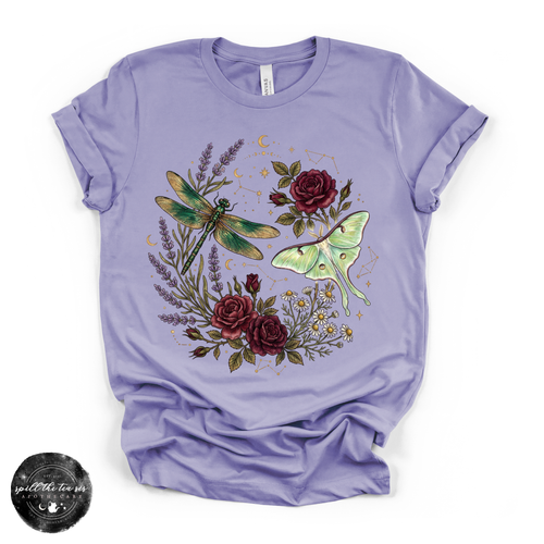 Dragonfly & Moth Rose Tee | Botanical Nature Graphic T-Shirt