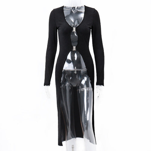 Sexy Black V-neck Low-cut Metal Buckle long summer Cardigan