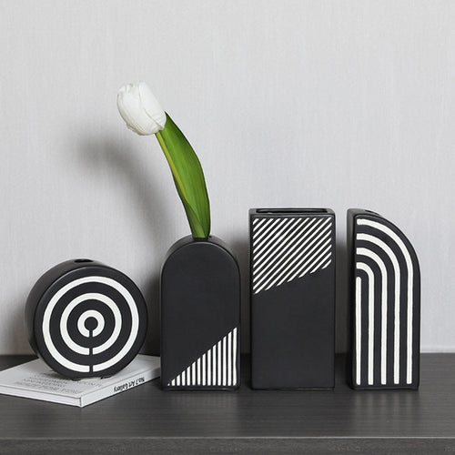 Black And White Striped Ceramic Dried Flower Vase Decorative Art Ornaments