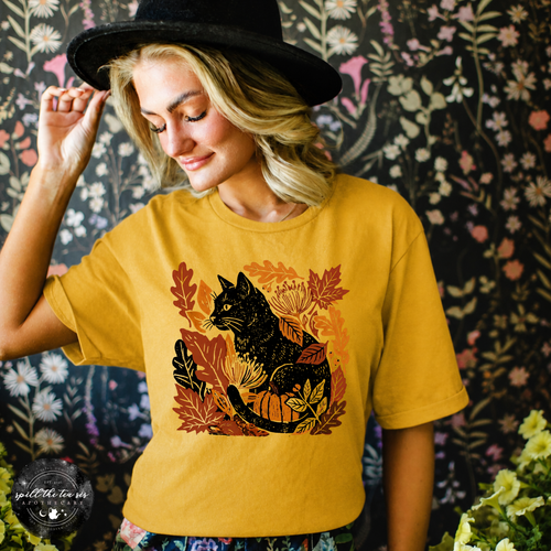 Fall Leaves Black Cat Tee | Autumn Cat Lover Graphic T-Shirt