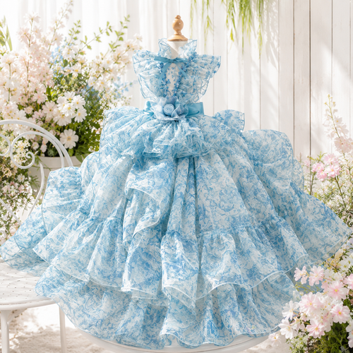 Luxury Blue Floral Pet Wedding Dress with Detachable Long Train Princess Gown