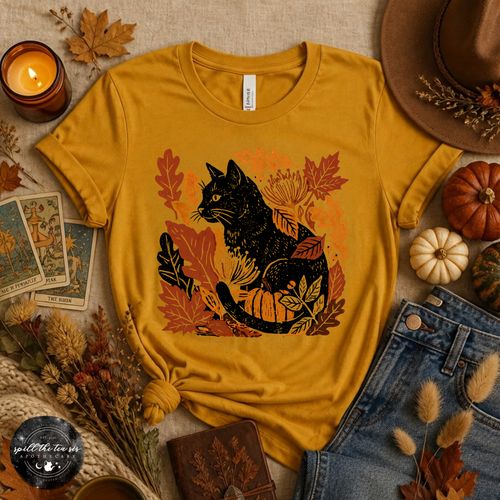 Fall Leaves Black Cat Tee | Autumn Cat Lover Graphic T-Shirt