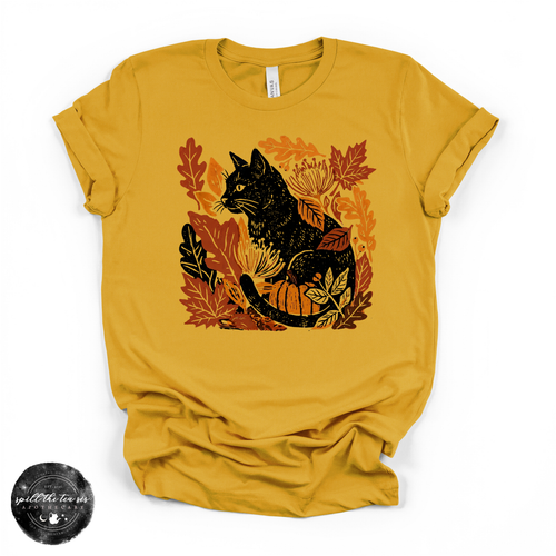 Fall Leaves Black Cat Tee | Autumn Cat Lover Graphic T-Shirt