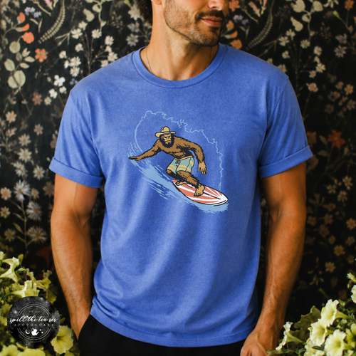 Surfing Bigfoot Tee | Funny Beach Sasquatch Graphic T-Shirt