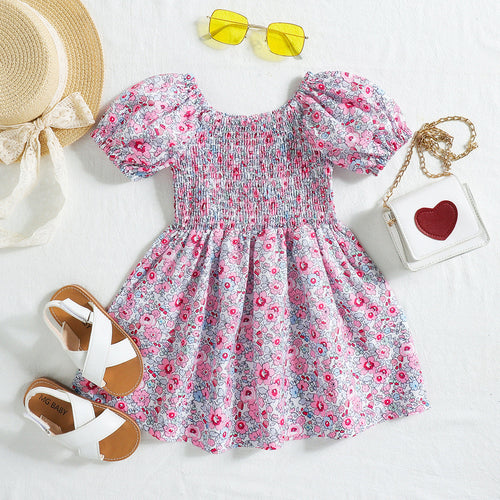 Summer New Girls' Floral Puff Sleeve Dress