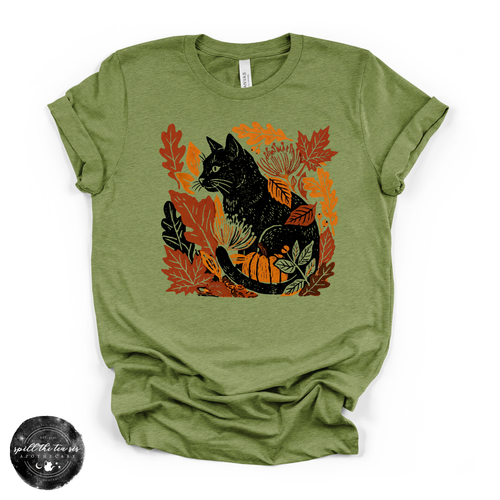 Fall Leaves Black Cat Tee | Autumn Cat Lover Graphic T-Shirt