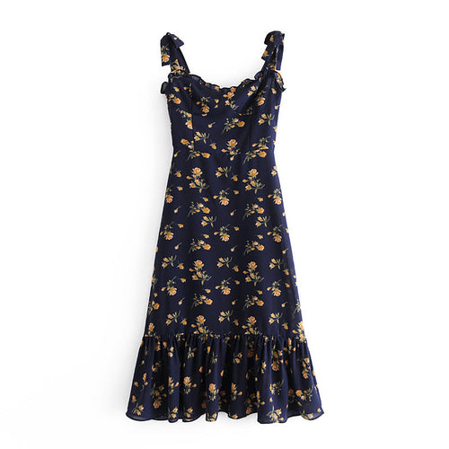 NEW  SPRING PRETTY DARK BLUE Floral PRINT SHOULDER STRAP Slim Dress FOR WOMEN