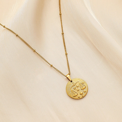 Stainless Steel Round Twelve Constellation Coin Relief Necklace