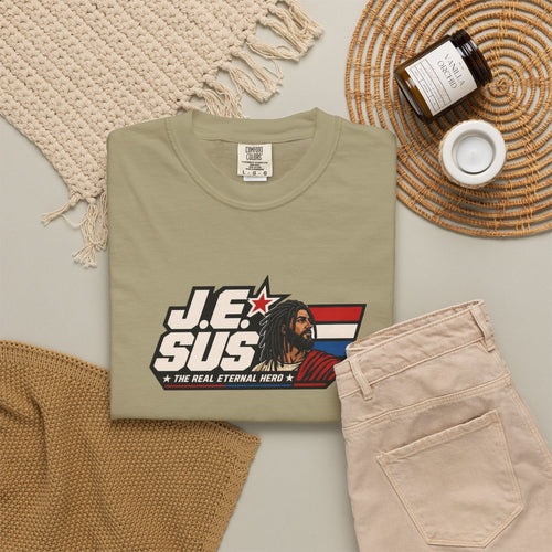 Jesus Retro Graphic T-Shirt — “J.E.SUS The  Real Eternal Hero” Christian Vintage Tee