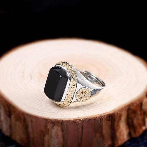 Personalized Men's Black Agate Ring