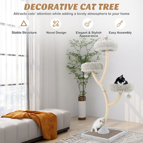 70 Tall Metal Cat Tree Tower with 3 Plush Perches & Sisal Scratching Posts