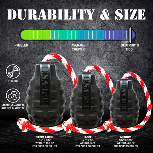 USA-K9 Magnum Grenade Shaped Durable Rubber Chew Toy, Treat Dispenser, Reward Toy, Tug Toy, and Retrieving Toy - Black Magnum