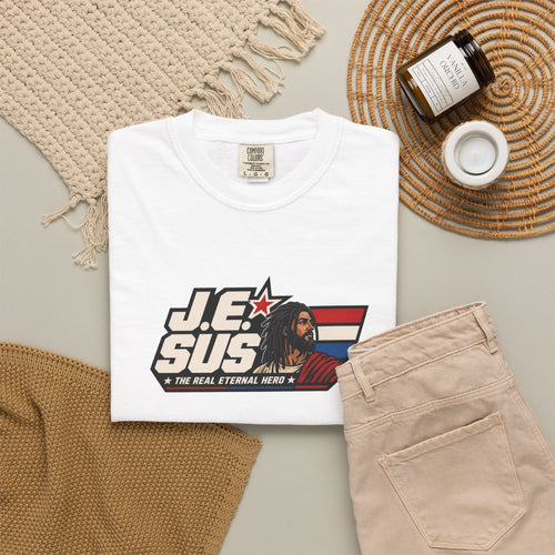 Jesus Retro Graphic T-Shirt — “J.E.SUS The  Real Eternal Hero” Christian Vintage Tee