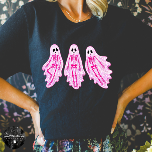 Pink Skeleton Ghosts Tee | Cute Coquette Halloween Graphic T-Shirt