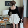 Back Puff Sleeve Stitching Gold Velvet Dress