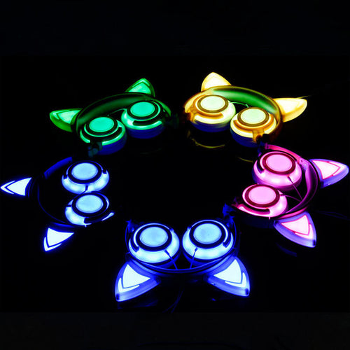 Cat ear head-mounted luminous foldable mobile phone music headset