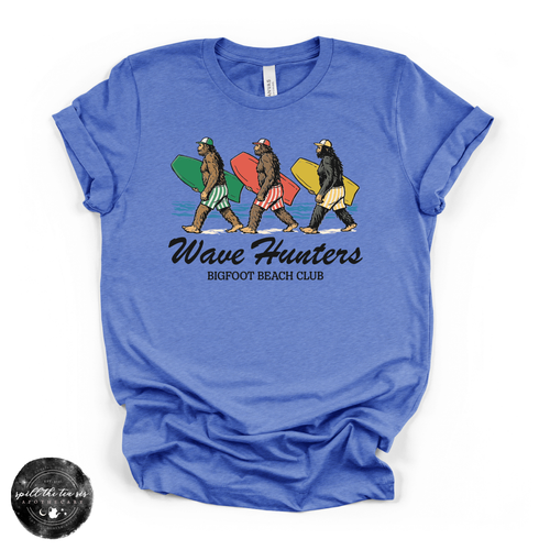 Wave Hunters: Bigfoot Beach Club Tee | Funny Surfing Sasquatch Graphic T-Shirt