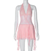 Short Stitching Ribbon Halter Lace Hollow-out Deep V-neck Backless Hot Girl Dress