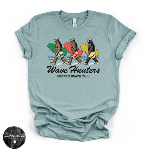 Wave Hunters: Bigfoot Beach Club Tee | Funny Surfing Sasquatch Graphic T-Shirt