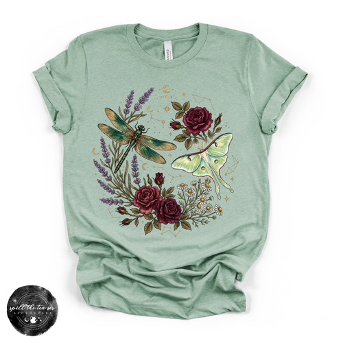 Dragonfly & Moth Rose Tee | Botanical Nature Graphic T-Shirt