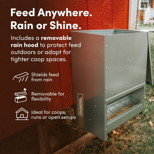 Galvanized Chicken Trough Feeder, Weatherproof Poultry Food Dispenser with Lid - 50lb