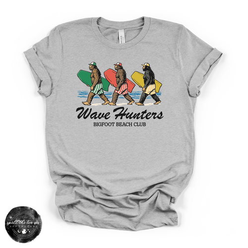 Wave Hunters: Bigfoot Beach Club Tee | Funny Surfing Sasquatch Graphic T-Shirt