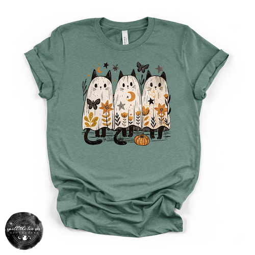 Ghost Cat Trio Tee | Cute Halloween Black Cat Graphic T-Shirt