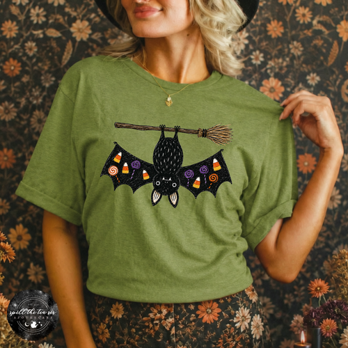 Bat on a Broom Tee | Cute Witchy Halloween Bat Graphic T-Shirt