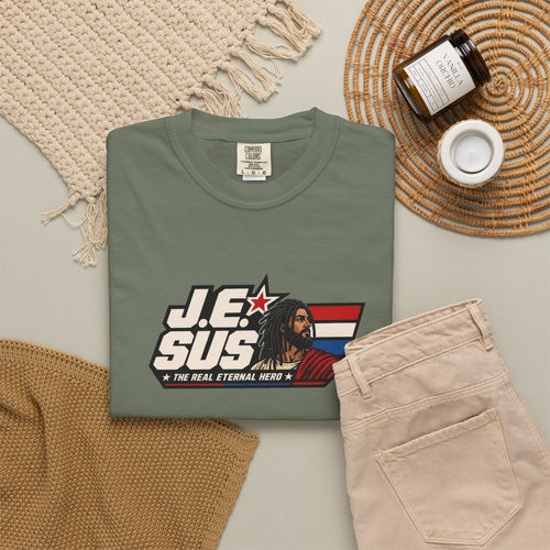 Jesus Retro Graphic T-Shirt — “J.E.SUS The  Real Eternal Hero” Christian Vintage Tee