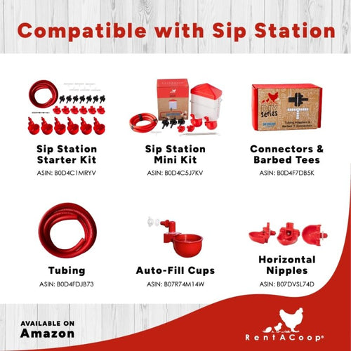 RentACoop DIY Sip Station Watering System –includes Tubing, Horizontal Nipples, Auto-Fill Cups, Tubing Adaptors, T-Connectors, and 11mm Drill Bit – Great for Poultry (DIY Starter Kit for Poultry)