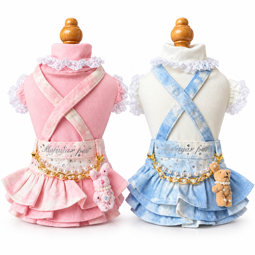 Tie-Dye Denim Suspender Pet Skirt & Cotton Ruffle Shirt